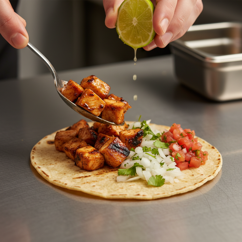 Close-up of grilled chicken taco being assembled – Mexican restaurant family dining detail