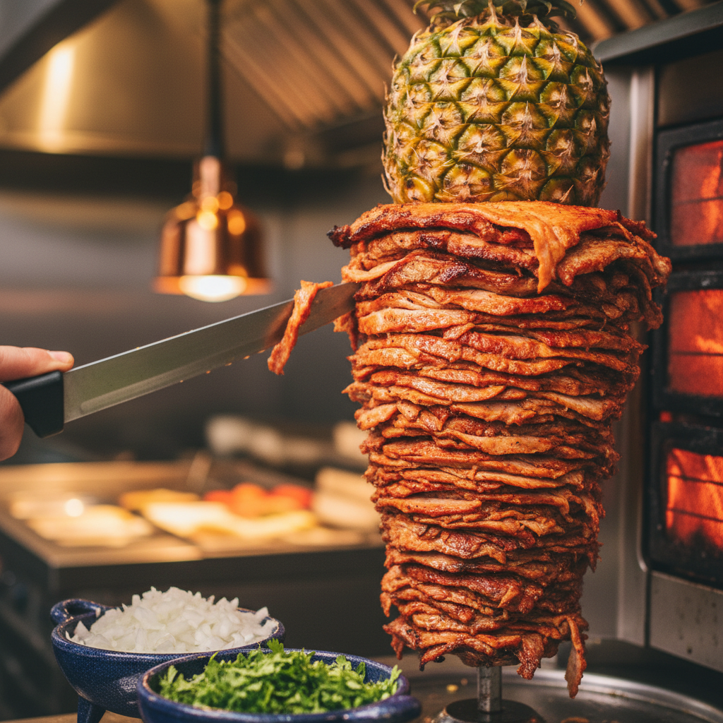 Close-up of al pastor carved from a trompo for Mexican grill catering tacos with pineapple and charred edges in Toronto