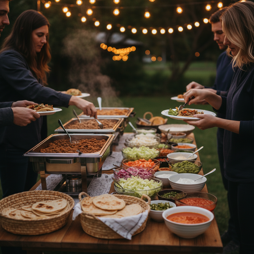 Backyard birthday build-your-own taco bar with chafers, tortillas, toppings, and guests assembling plates under string lights
