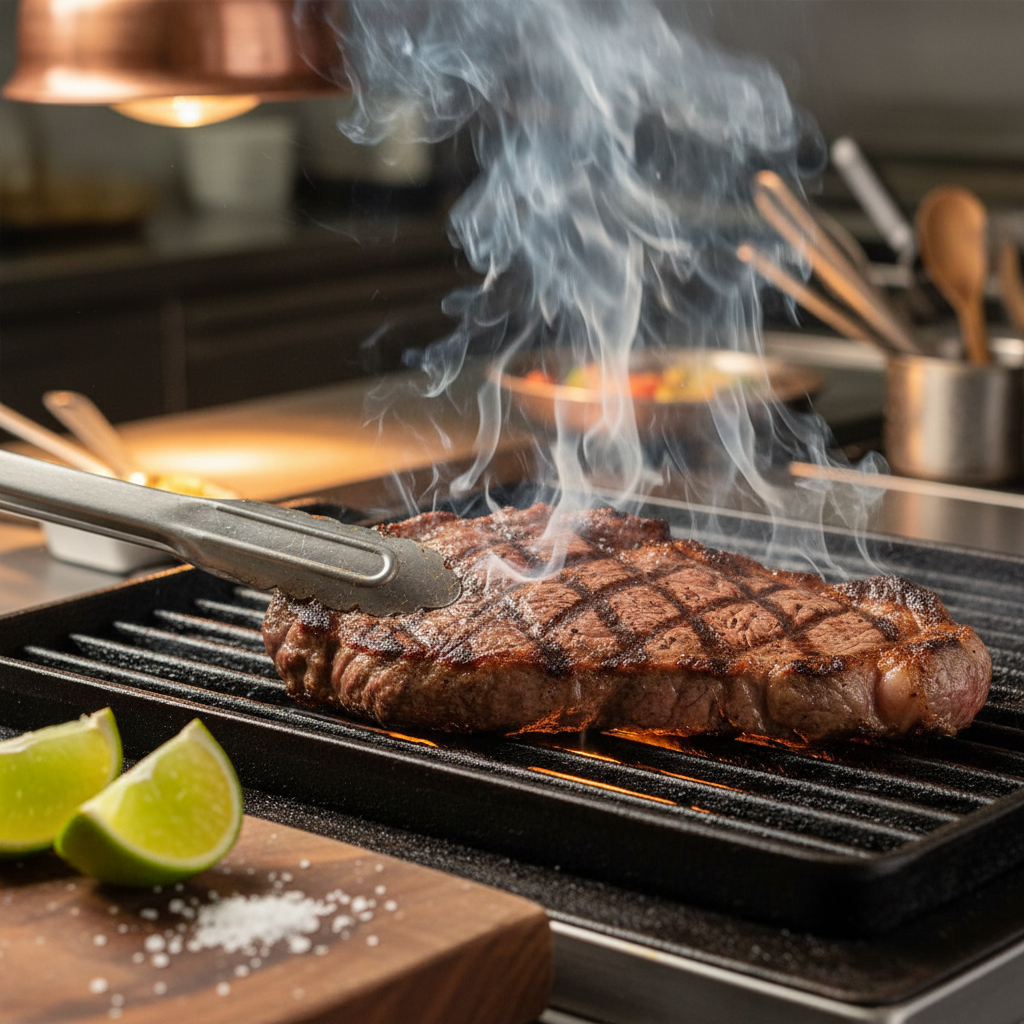 Close-up of carne asada searing on a grill at a Mexican grill in Toronto, ideal for dine-in fajitas and tacos