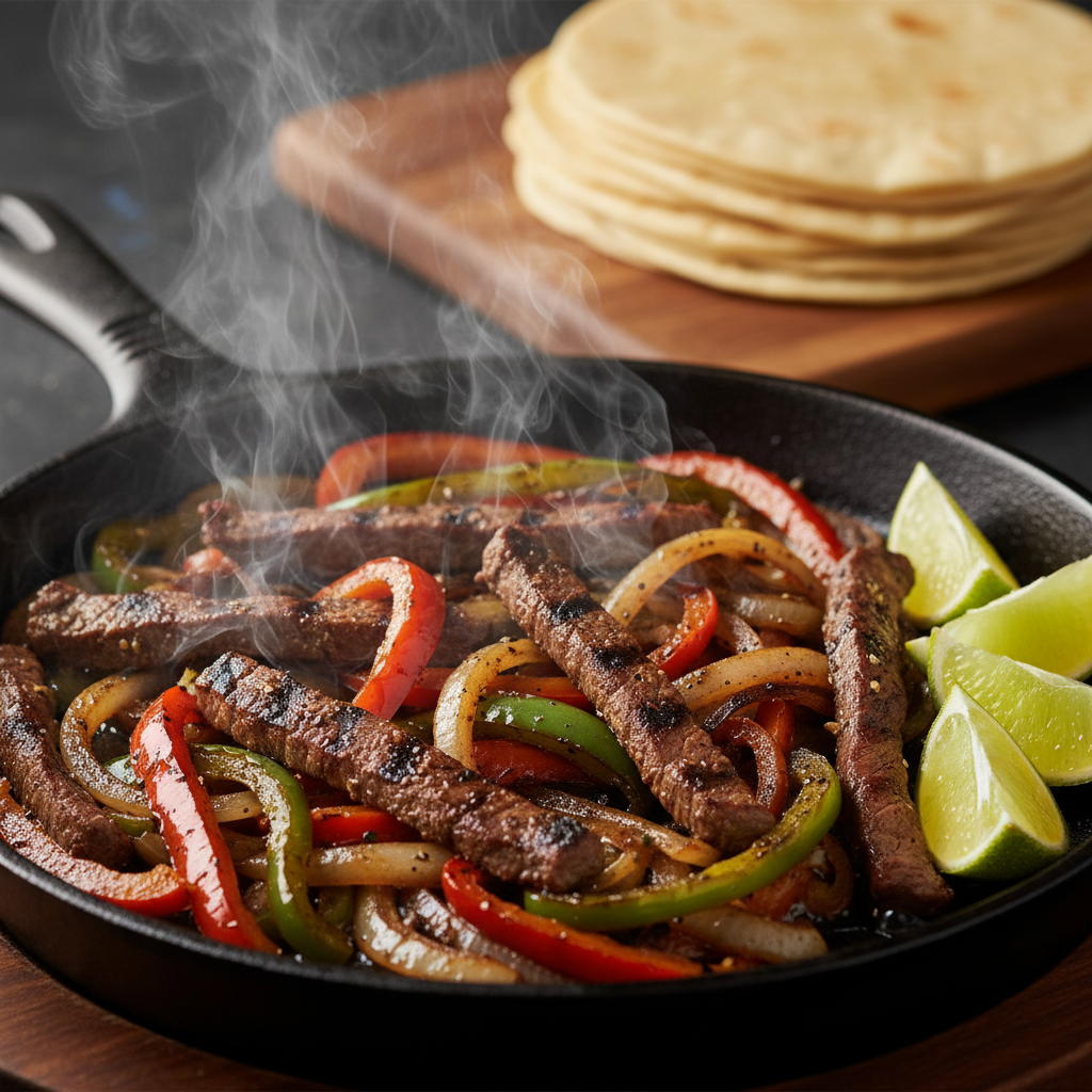 Close-up sizzling fajitas on cast-iron skillet at a Mexican grill, ideal for a dine-in Mexican restaurant checklist experience