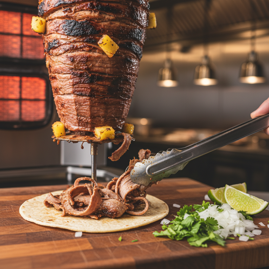 Close-up of al pastor taco ingredients at a Mexican grill, showing fresh cilantro, onions, pineapple, and lime—what to check when choosing a Mexican grill restaurant