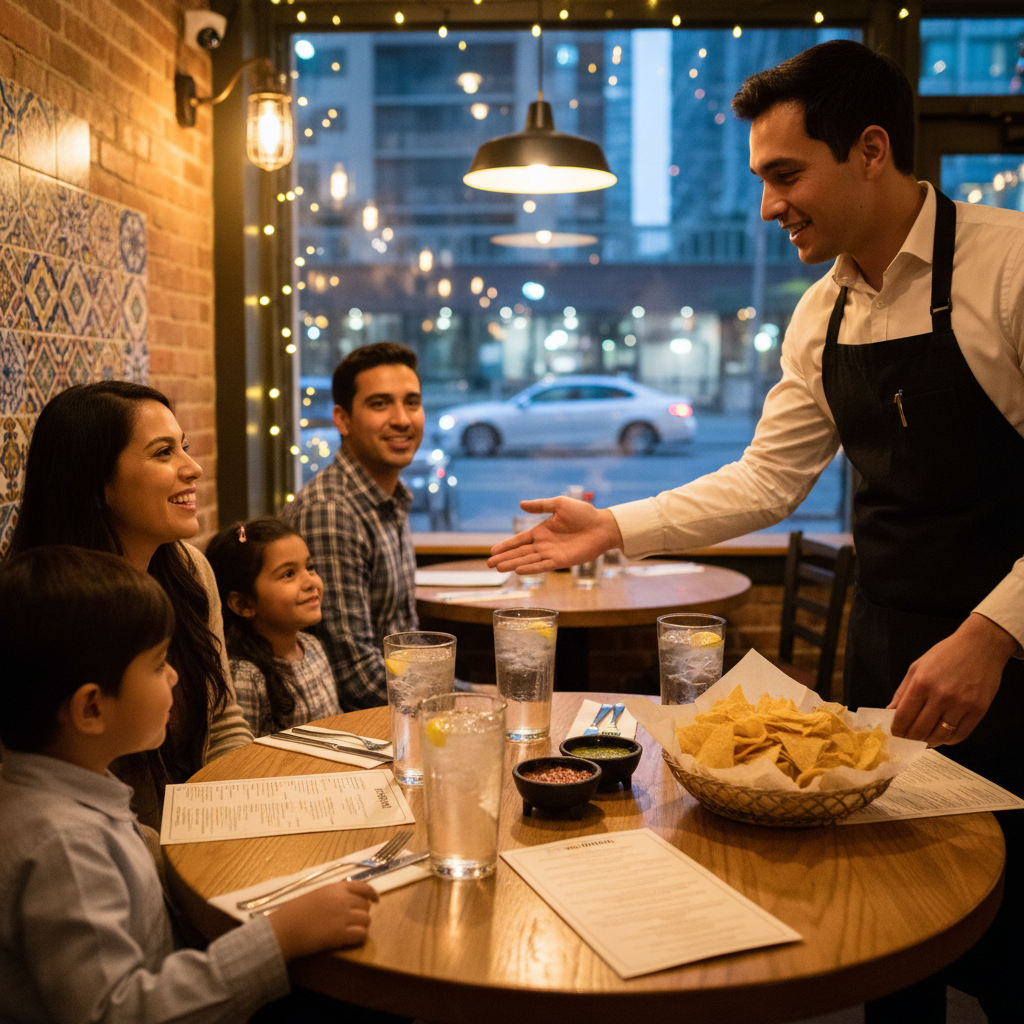 Host seating a family at a Mexican restaurant table with chips and salsa, illustrating a smooth dine-in checklist flow