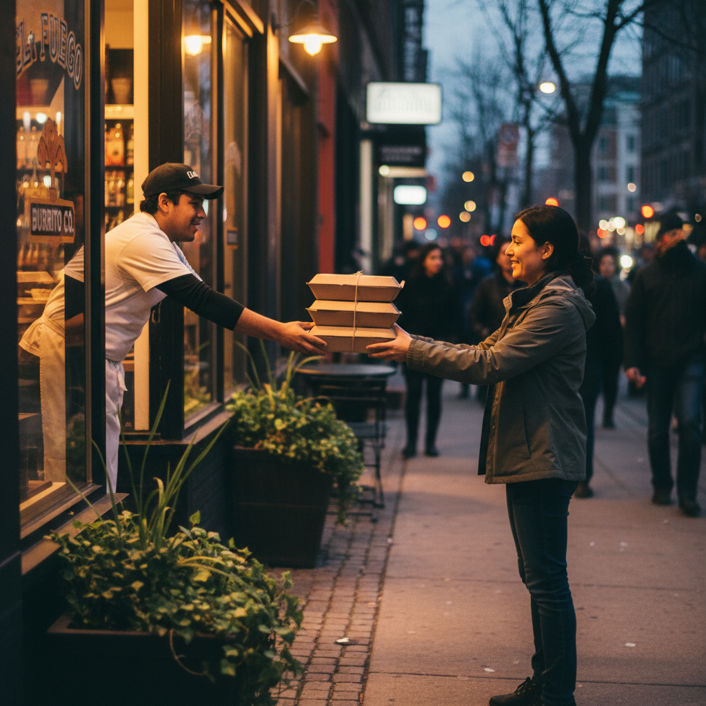 Takeout handoff at a Mexican grill on a lively Queen Street West sidewalk—how to choose a Mexican restaurant for fast pickup