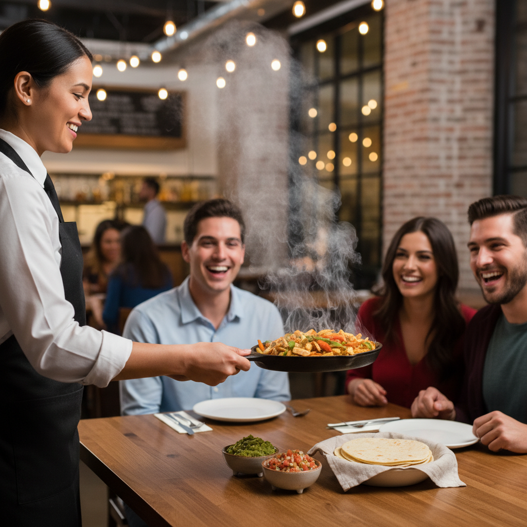 Server presenting a sizzling fajita skillet to guests at a casual Mexican grill dine-in setting in Toronto