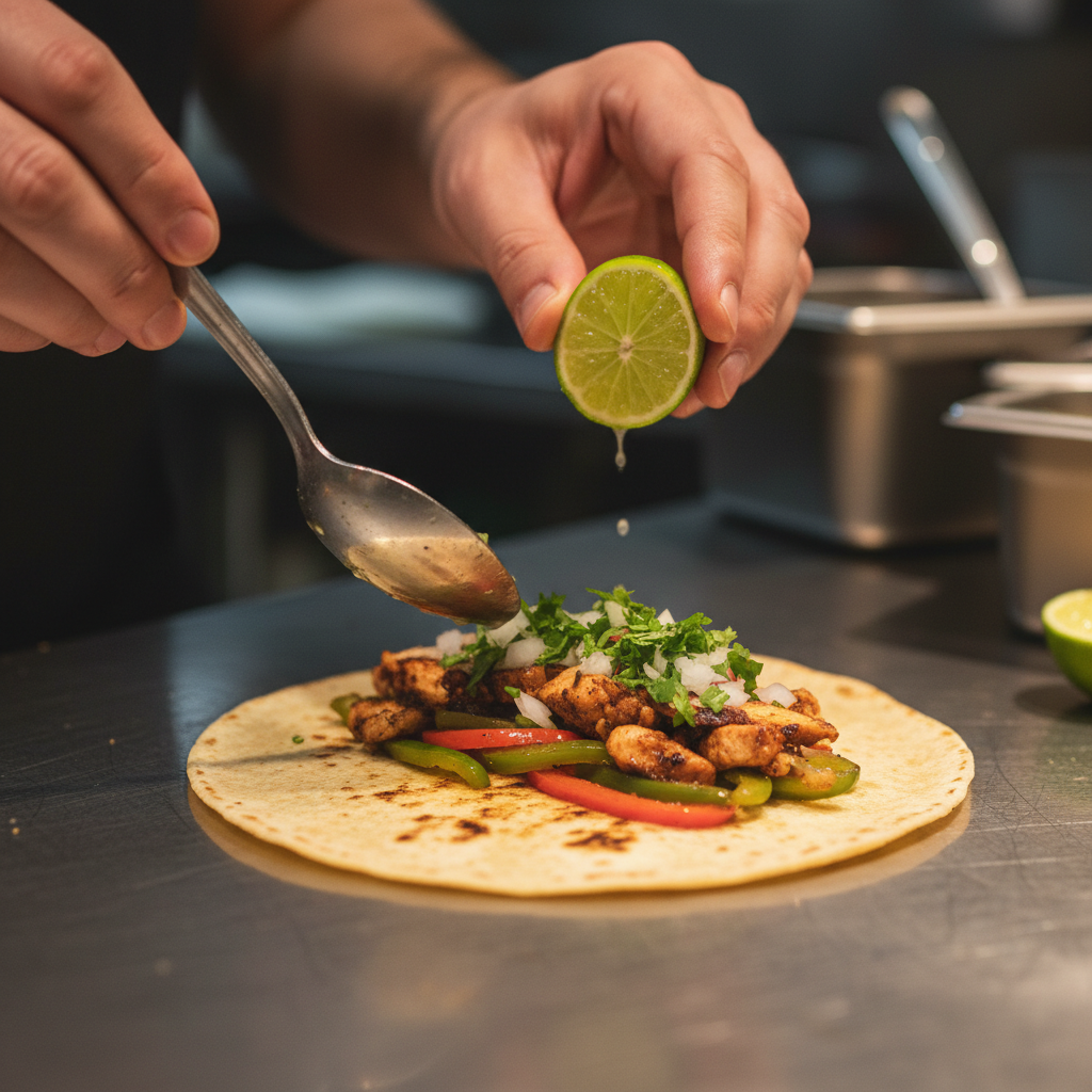 Close-up of assembling tacos for small event catering with grilled chicken, peppers, onions, cilantro, and lime—Mexican catering detail shot