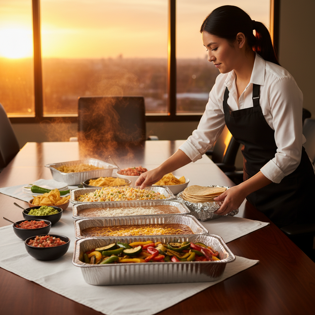 Caterer setting Mexican buffet trays for a small office meeting in Toronto—rice, beans, grilled vegetables on warmers