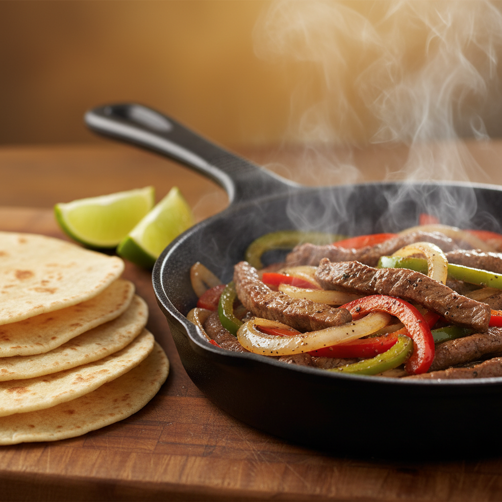 Sizzling steak fajitas with peppers and onions, a family-friendly Mexican grill meal idea for quick dinners