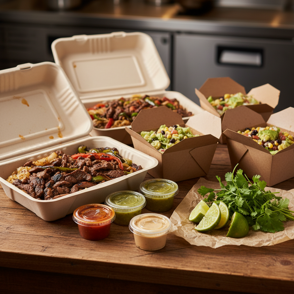 Organized Mexican grill takeout packaging with hot and cold items separated, matching the La Rio’s Mexican Grill takeout checklist