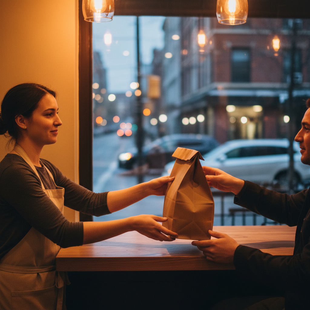 La Rio’s Mexican Grill takeout bag being handed over the counter, representing smooth pickup workflow