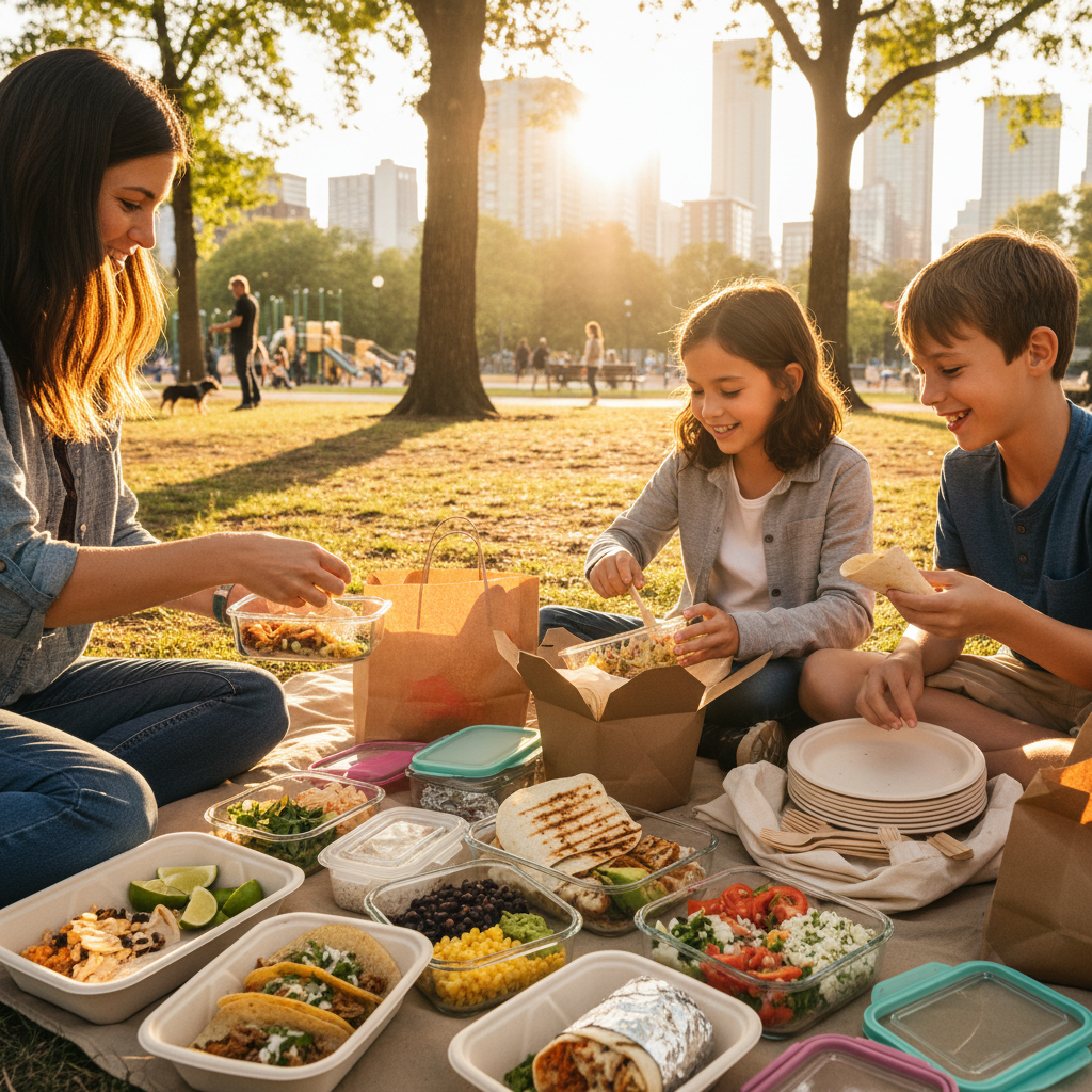 Family packing Mexican grill takeout for a Toronto park picnic near Old Toronto, perfect for Mexican grill family meal ideas