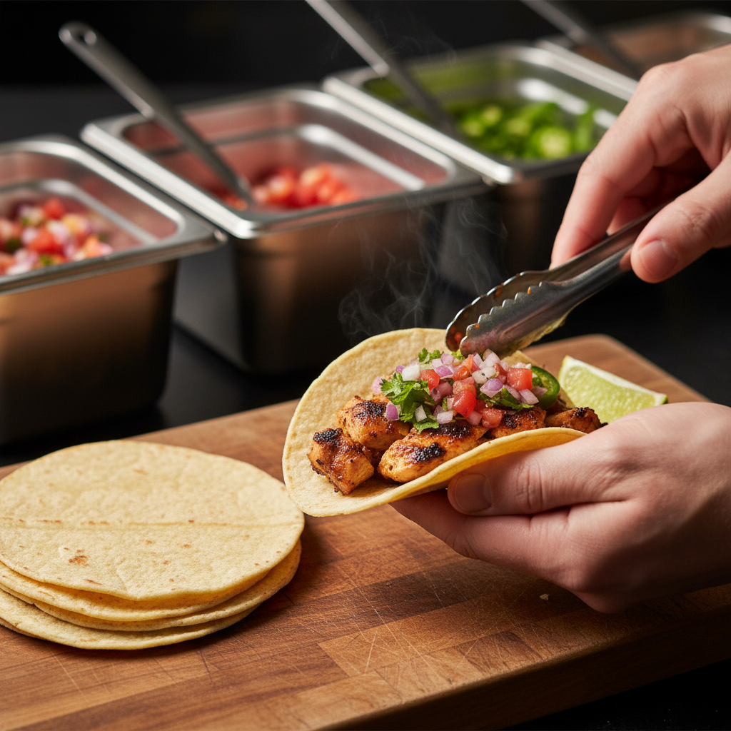 Close-up of hands assembling tacos from a build-your-own taco bar for office lunch, showcasing grilled chicken, fresh cilantro, onions, pico de gallo, and lime for Mexican grill takeout