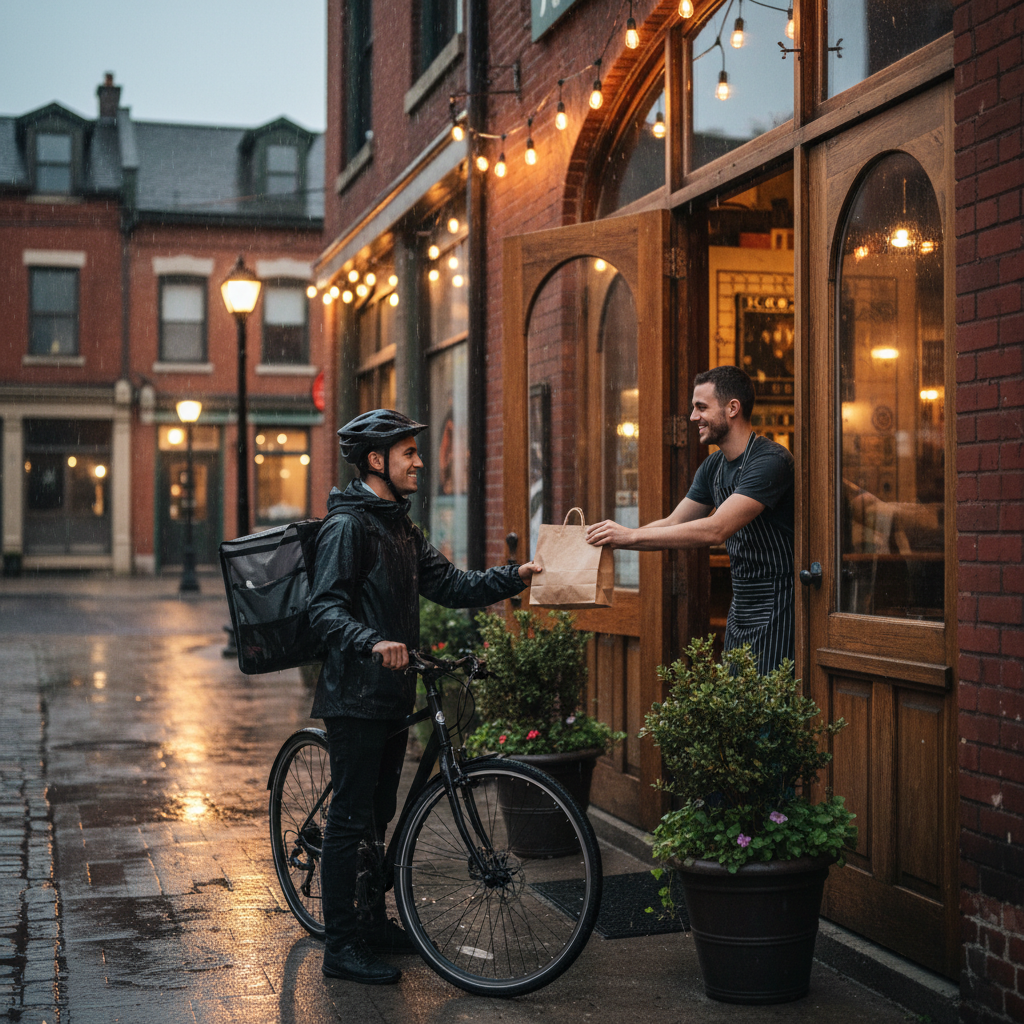 Side-angle street scene of Old Toronto takeout pickup from a Mexican grill, staff handing a bag to a courier for timely office lunch delivery