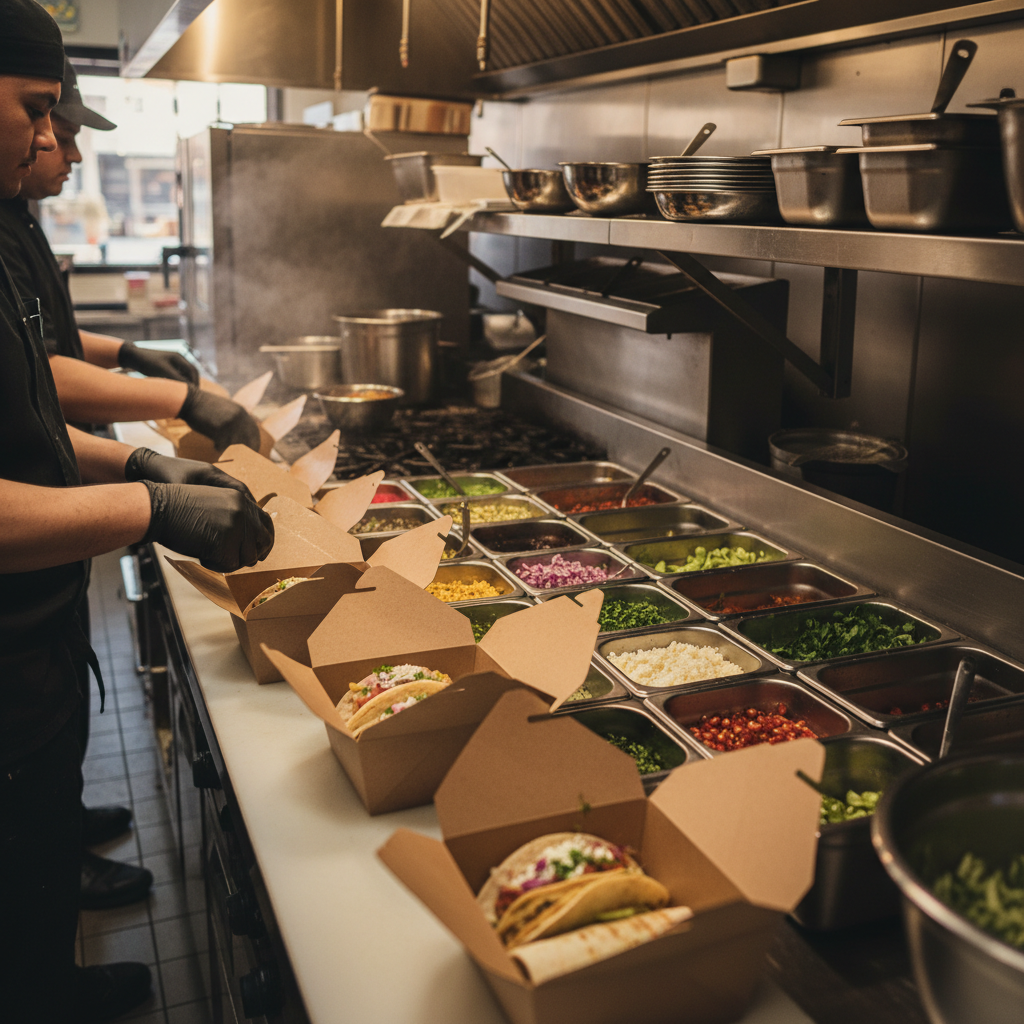 Restaurant kitchen assembling Mexican takeout into compostable boxes, showing best practices to evaluate packaging and freshness on arrival