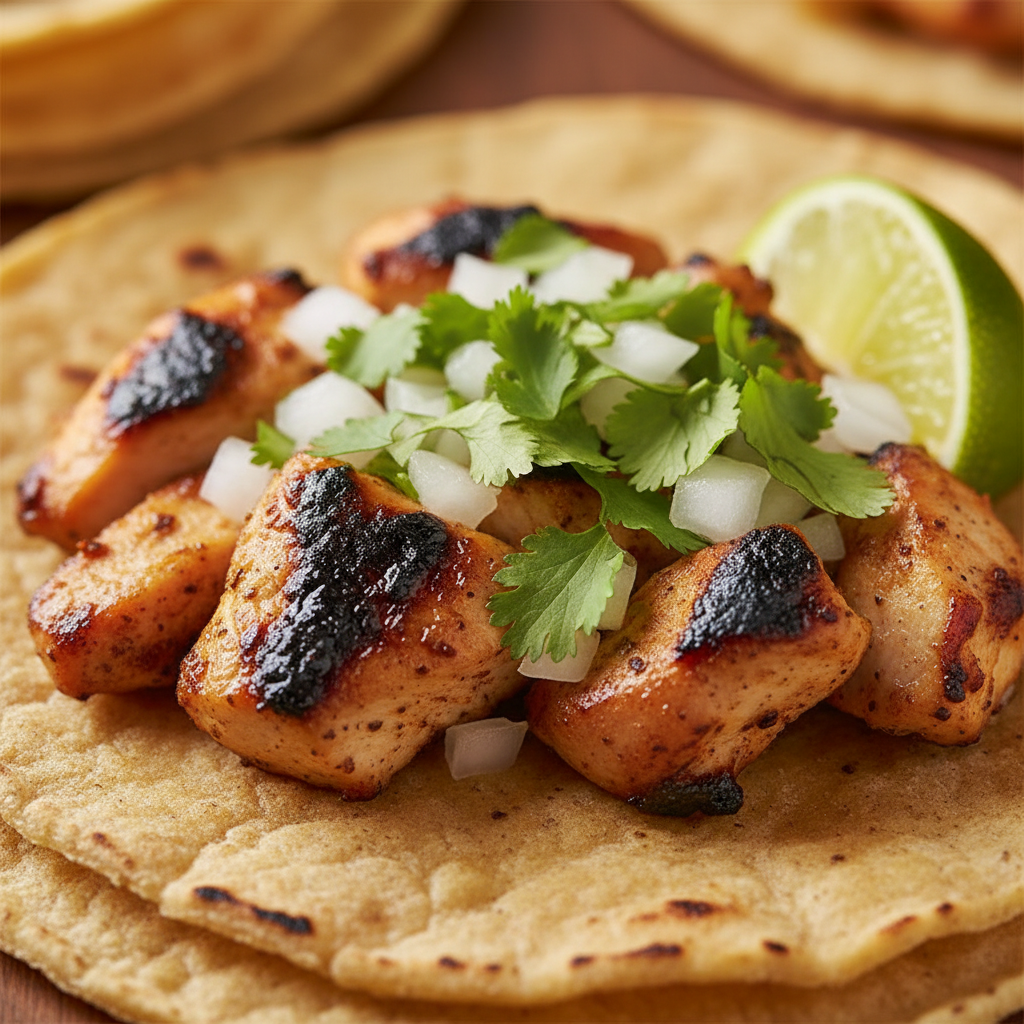 Close-up of a freshly grilled chicken taco with charred edges and bright toppings, used to evaluate Mexican takeout quality for heat and texture