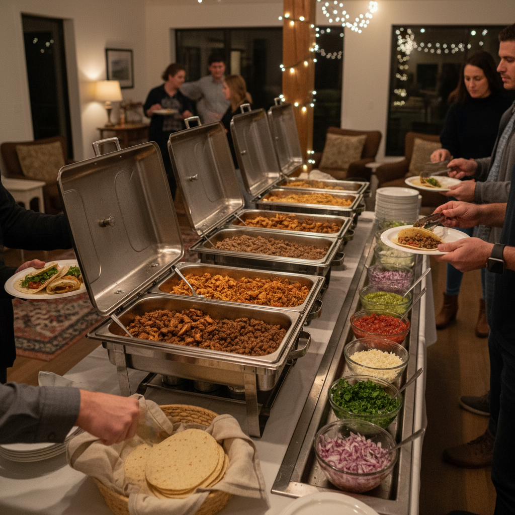 Self-serve Mexican catering buffet line for a casual gathering in Old Toronto