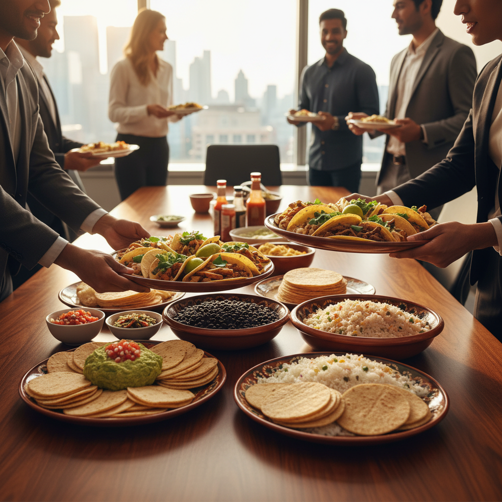 Mexican catering platters with tacos, rice, beans, and guacamole being served at a Toronto office lunch