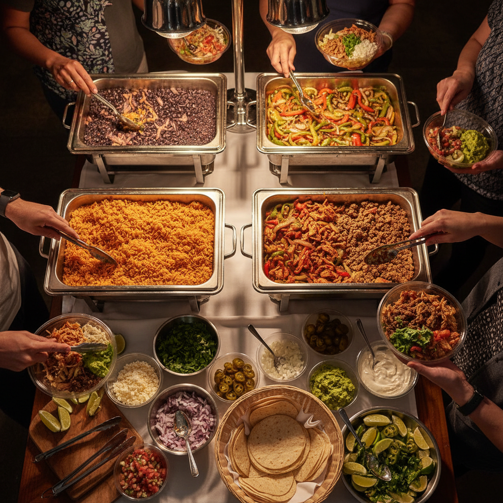 Top-down view of a Mexican catering buffet line with rice, beans, grilled veggies, and proteins for group events