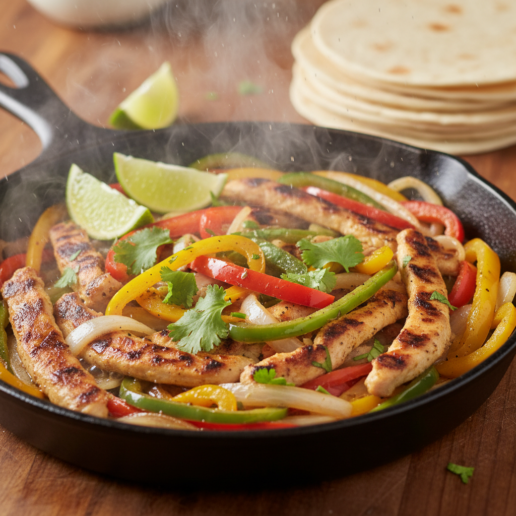 Close-up of sizzling fajita peppers, onions, and grilled chicken — group-friendly Mexican food option
