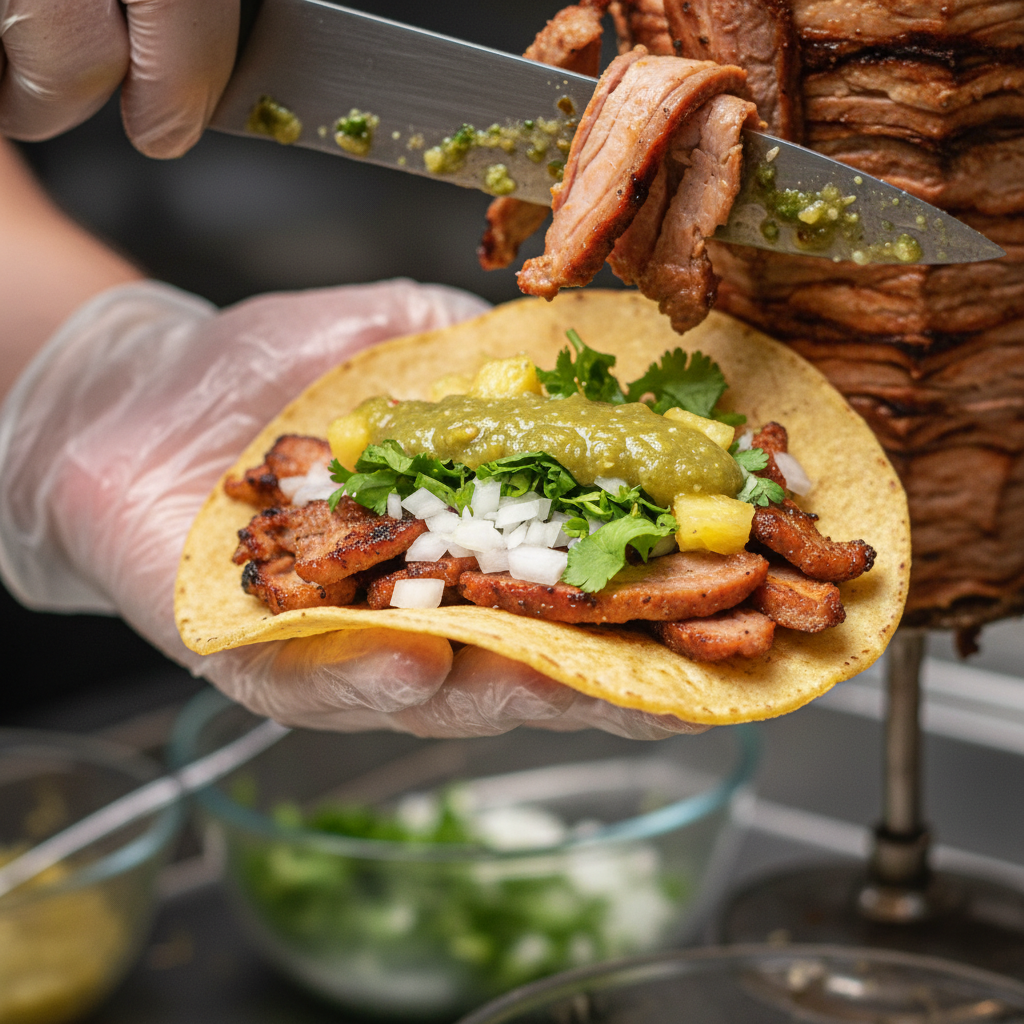 Close-up taco assembly with al pastor pork, cilantro, onion, pineapple, and salsa verde — Mexican entree detail