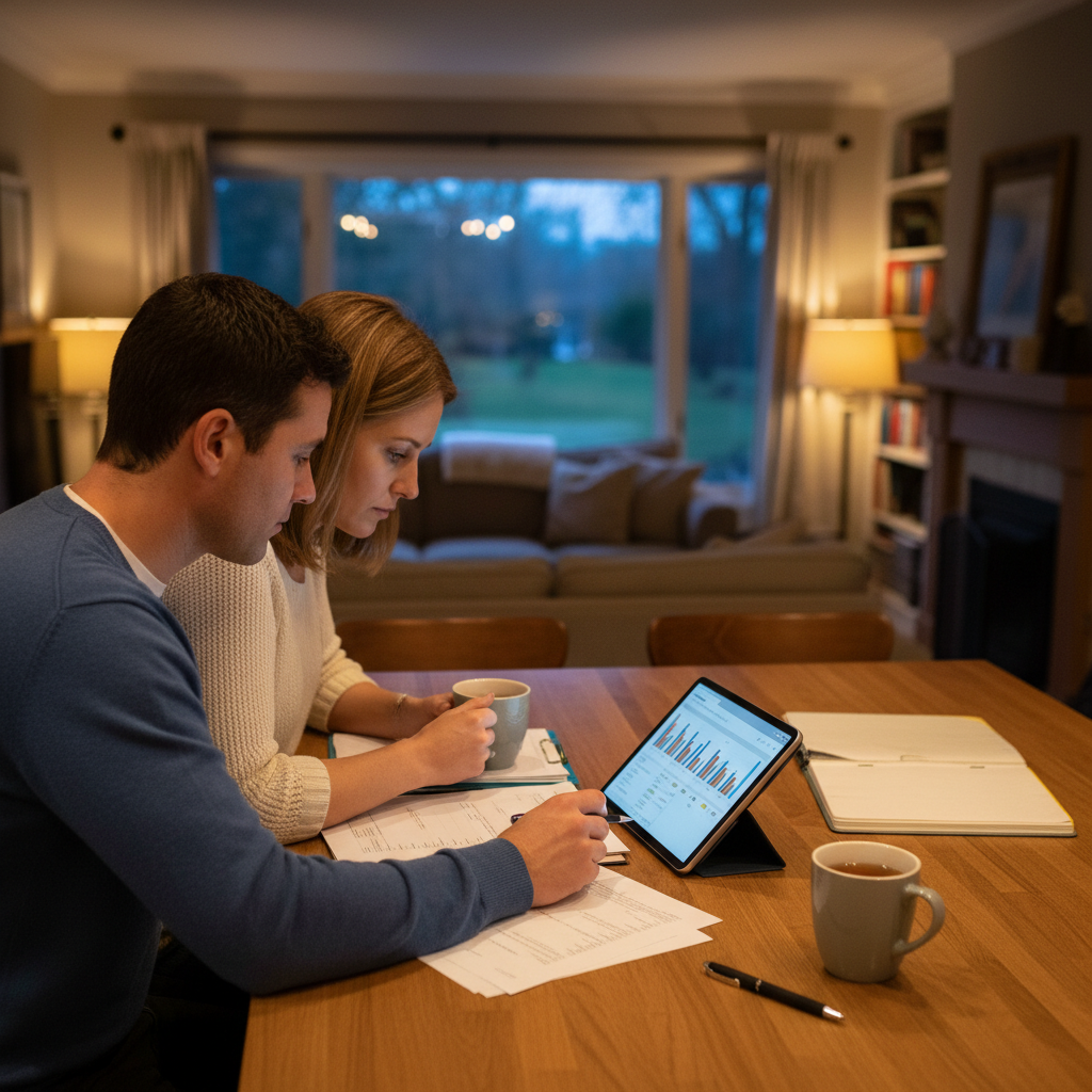Couple reviewing mortgage refinance quotes on a tablet in a modern kitchen