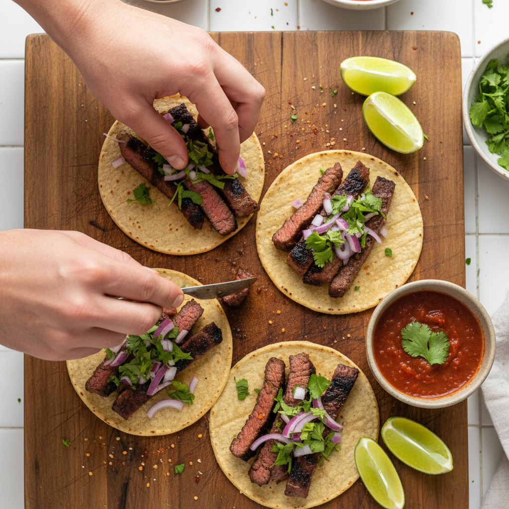 Close-up of assembling street-style tacos for Mexican catering with fresh cilantro, onions, and lime in Toronto