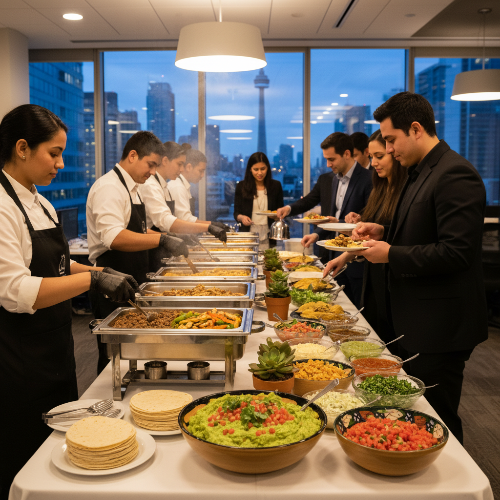 Corporate office buffet with Mexican catering trays set up by staff for a Toronto lunch