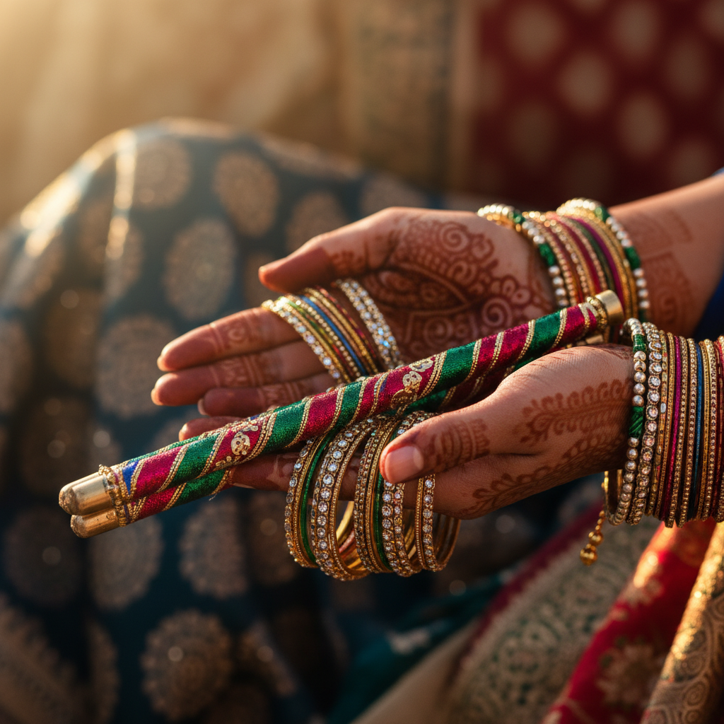 Detail of dandiya sticks and mehndi, illustrating sangeet planning for choreography and tradition