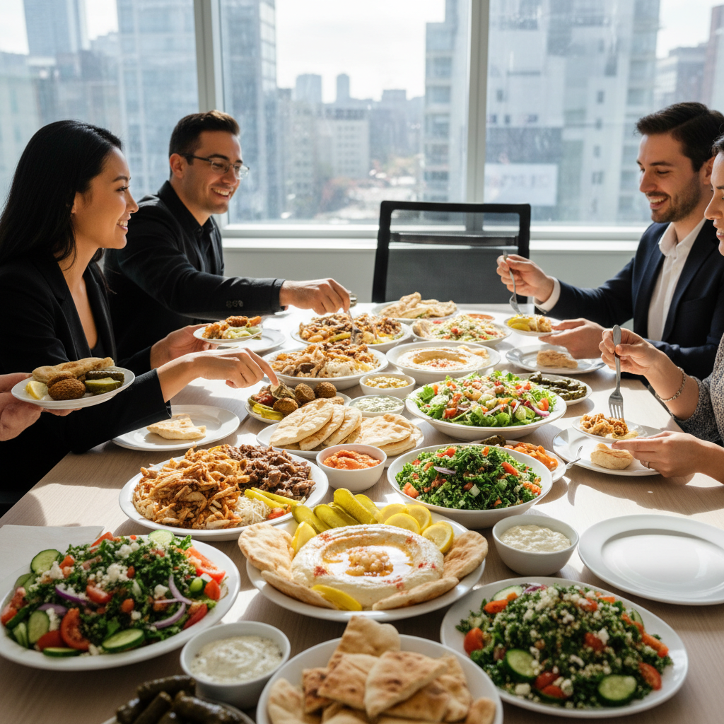 Office team in Toronto enjoying Turkish and Middle Eastern takeout platters after Brampton online food delivery, with shawarma bowls and mezze on a conference table