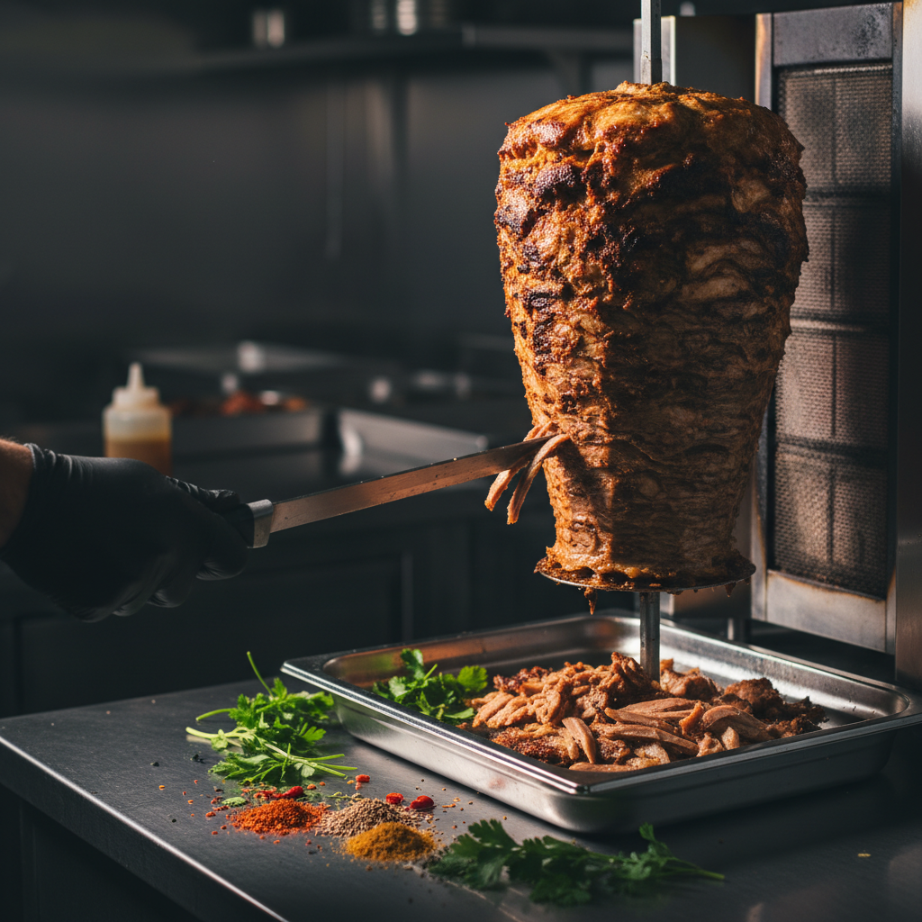 Close-up of shawarma being sliced for Brampton online food delivery, showcasing caramelized edges and modern kitchen prep