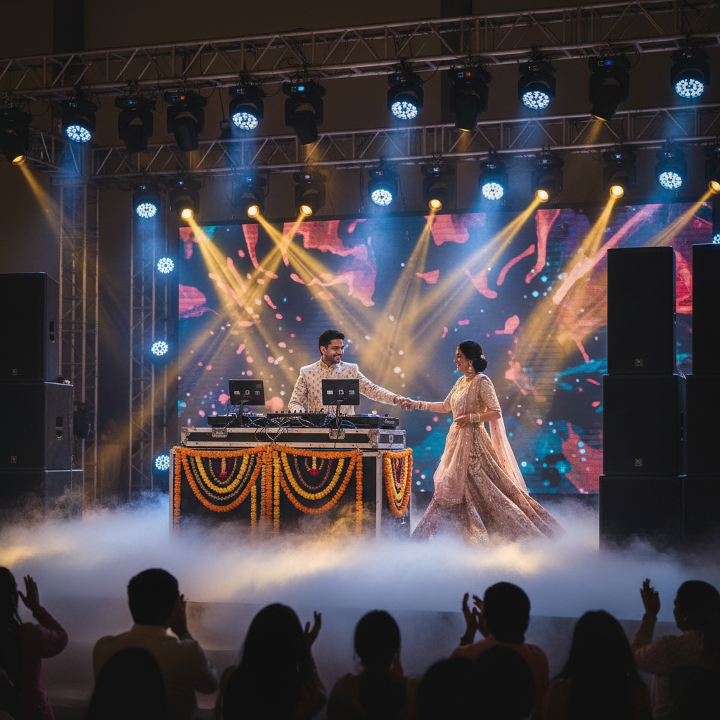 DJ booth and stage lighting setup for a modern sangeet night in Greater London