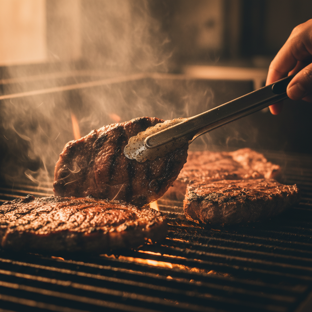 Close-up of carne asada over flame for Mexican grill catering in Toronto, showing char marks and sizzling detail