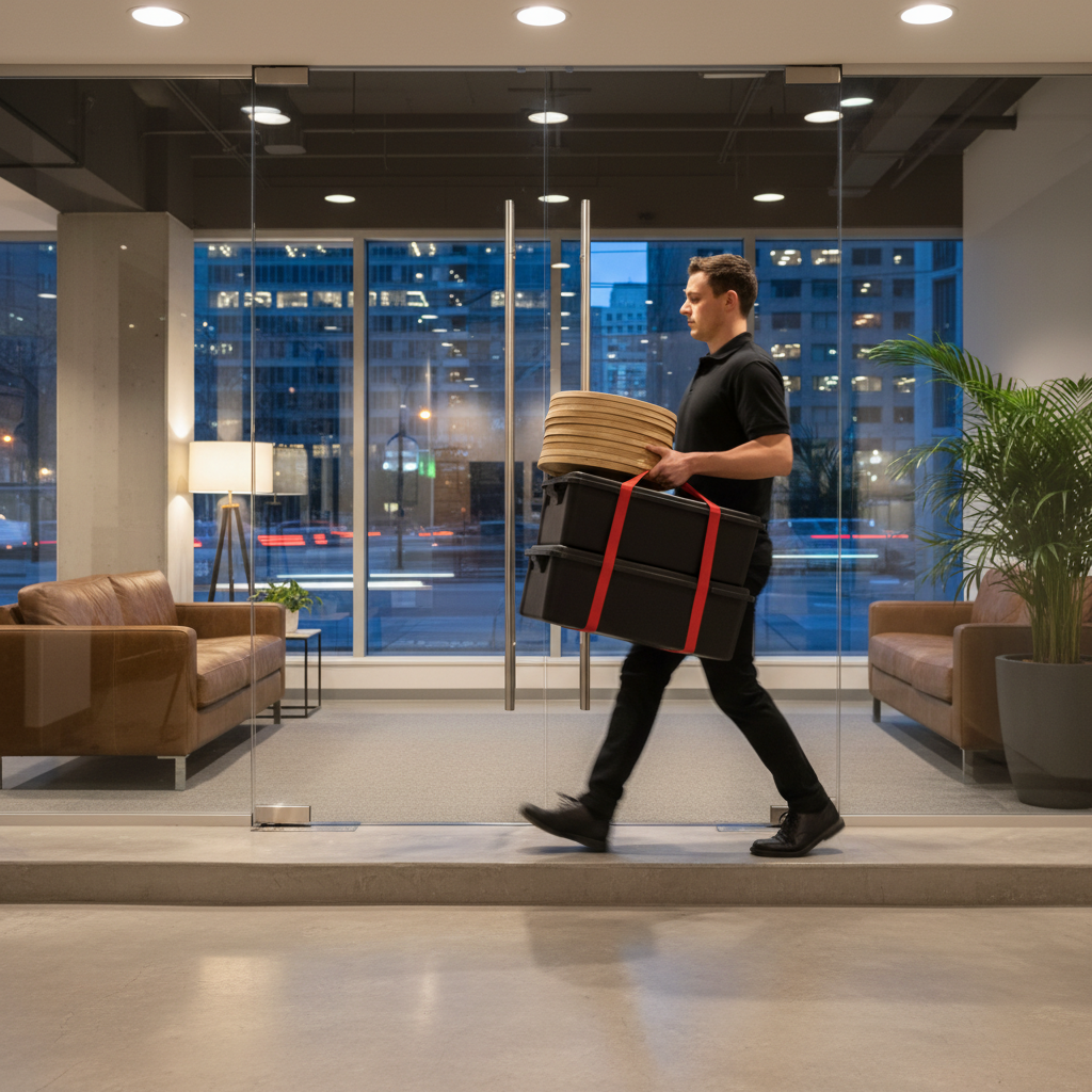 Caterer delivering insulated hot boxes and eco-friendly trays into a Toronto office lobby for Mexican grill catering