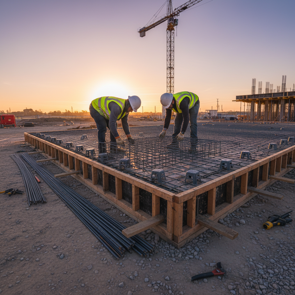 Construction crew placing welded wire mesh and rebar chairs on slab formwork at sunrise, demonstrating jobsite reinforcement sequencing