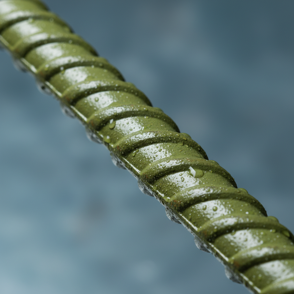 Close-up of epoxy-coated rebar with green corrosion-resistant finish, illustrating coated rebar options in Ontario rebar supply