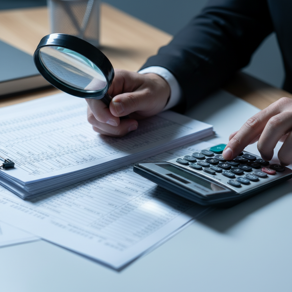 Close-up of audit evidence review showing hands examining source documents, illustrating audit evidence requirements for SMEs