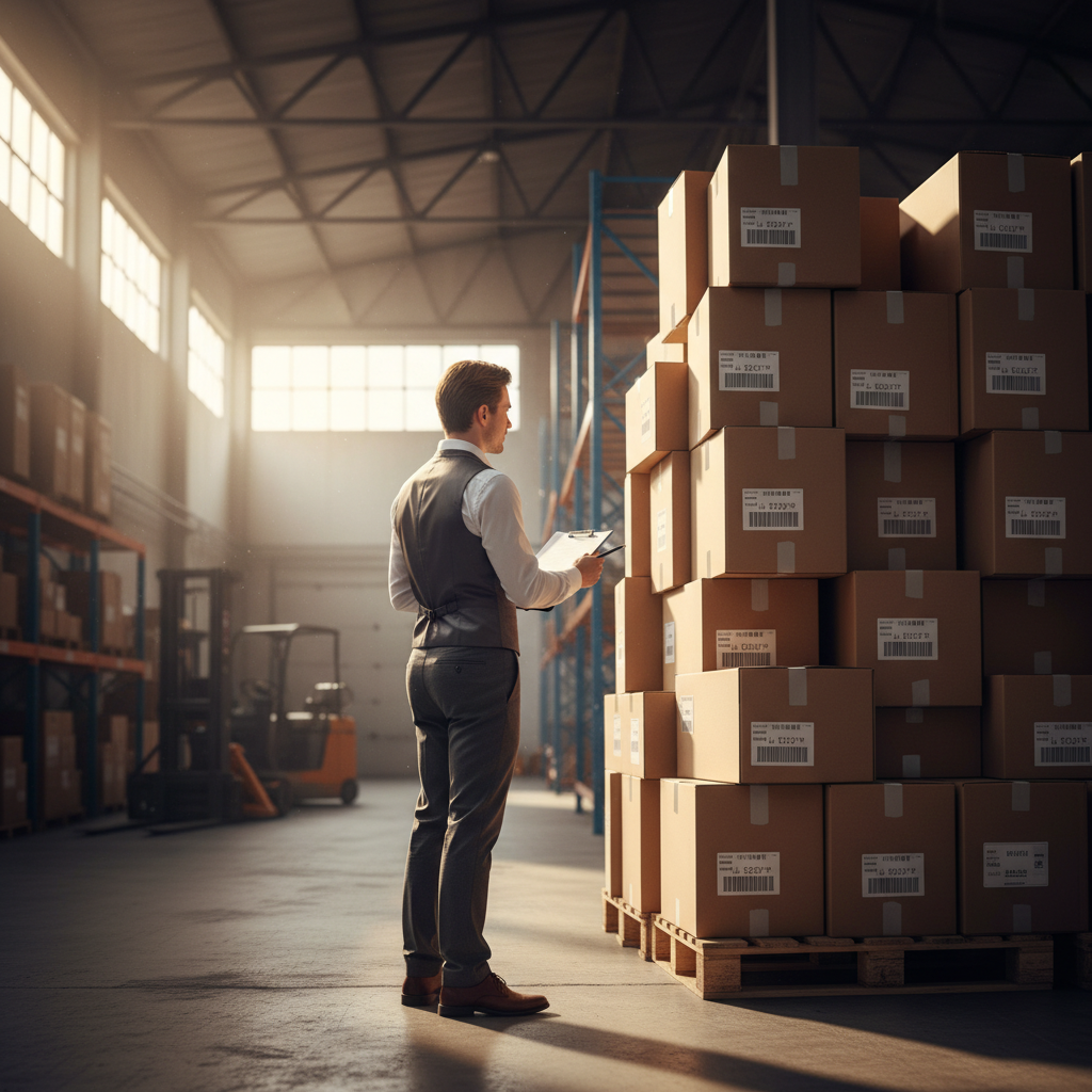 Auditor visually observing inventory in a warehouse, demonstrating observation as audit evidence under the requirements