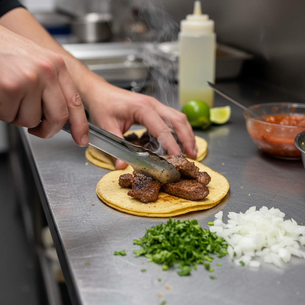 Close-up of tacos being assembled for Mexican takeout with fresh cilantro and grilled meat