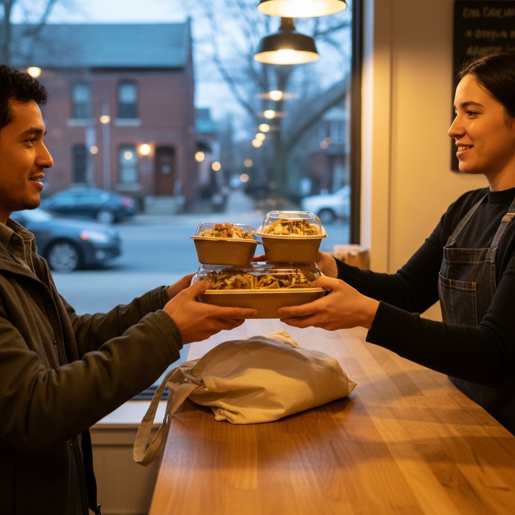 Mexican takeout in eco-friendly containers being handed to a customer at a Toronto neighborhood counter