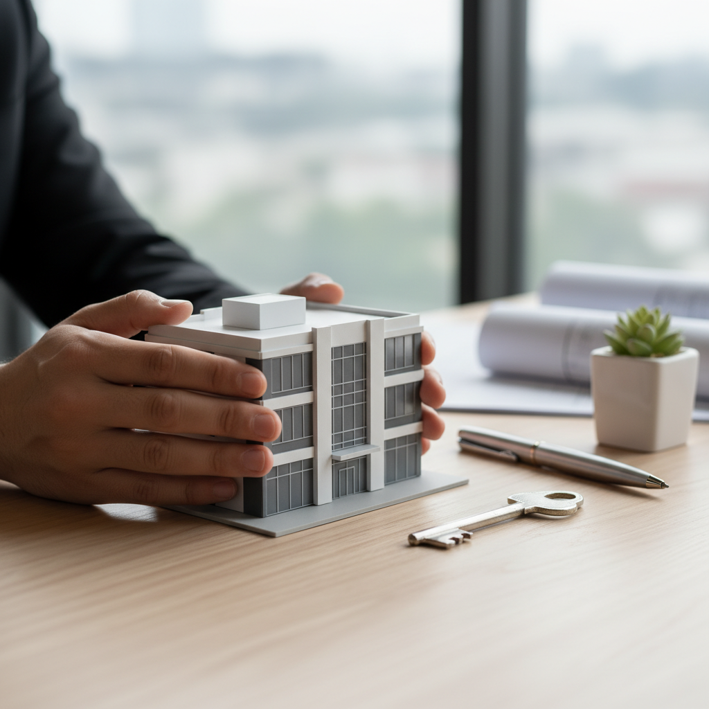 Detail shot of hands holding a commercial building model beside a key, illustrating underwriting focus in a commercial property buying guide