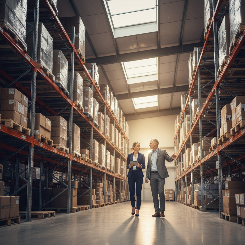 Warehouse site visit in the GTA with an investor and a realtor evaluating industrial racking and logistics, part of a commercial property buying guide