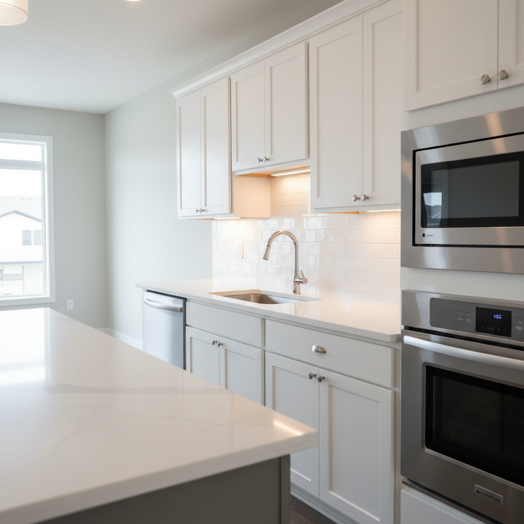 Modern Laurel Edmonton kitchen with quartz countertops and stainless appliances in a new-build home for sale