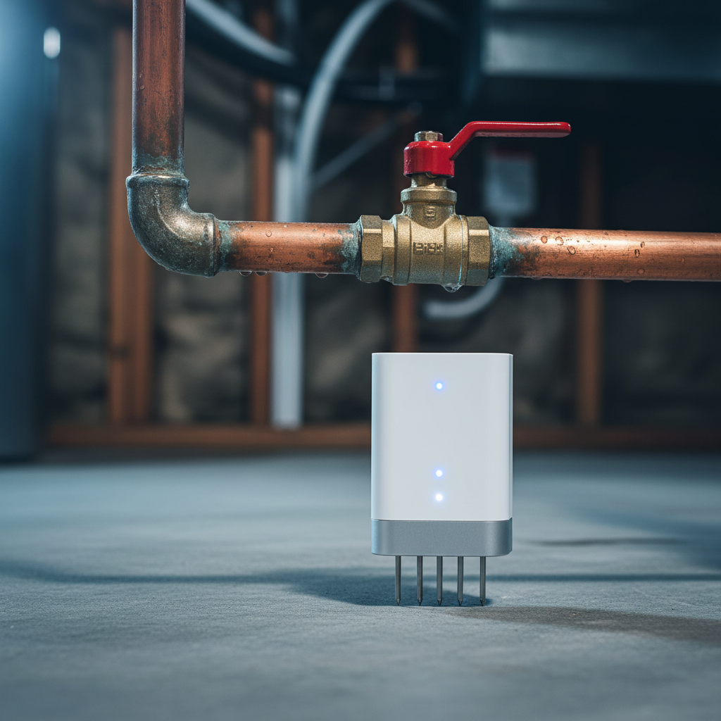 Smart water leak sensor near a basement shutoff valve in an Ontario home to lower water damage risk and help achieve cheaper home insurance in Ontario