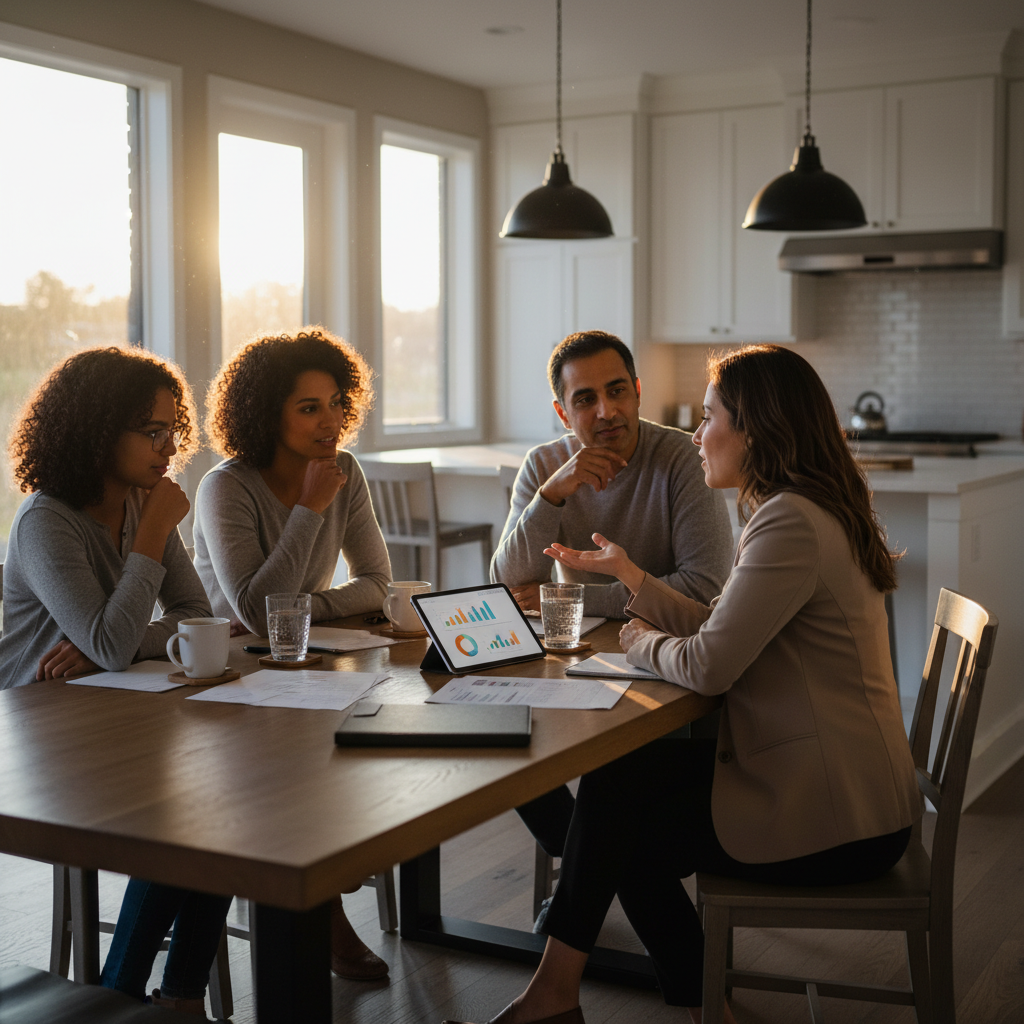 Ontario family meeting a home insurance advisor at a kitchen table in Whitby to customize endorsements and find the cheapest home insurance in Ontario