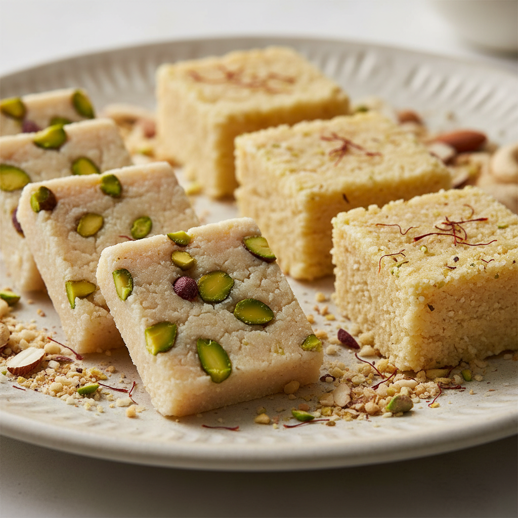 Close-up of pistachio barfi and kalakand for online mithai ordering with premium mithai focus