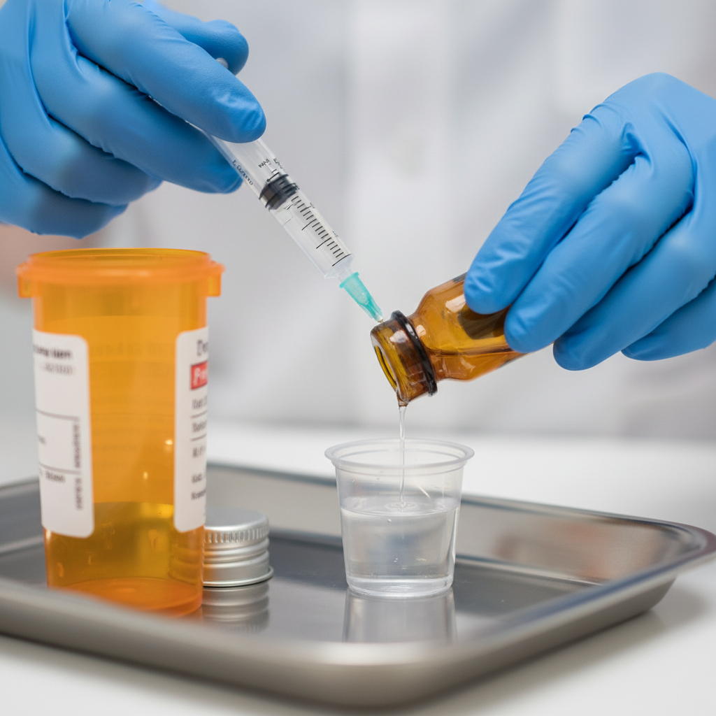Close-up of outpatient medication-assisted treatment dosing, illustrating safe, supervised care in substance treatment programs