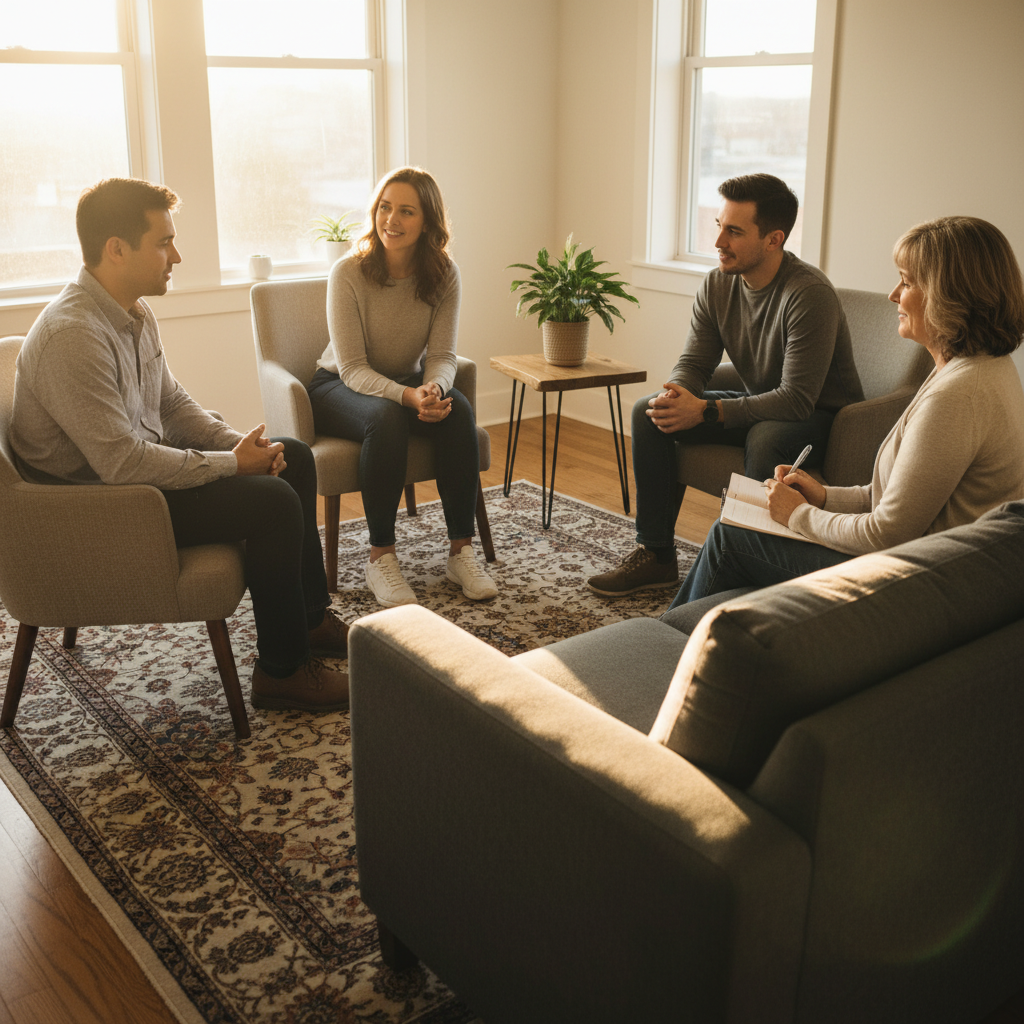 Group therapy in an outpatient setting, demonstrating counseling and peer support within substance treatment programs