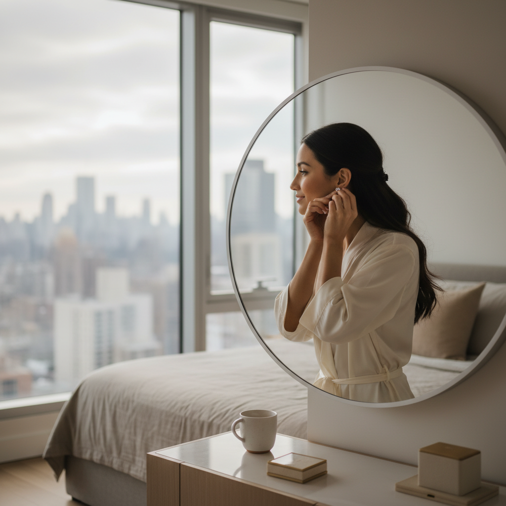 Lifestyle scene of a woman in Manhattan putting on diamond stud earrings by a window, showing how to style and wear studs daily