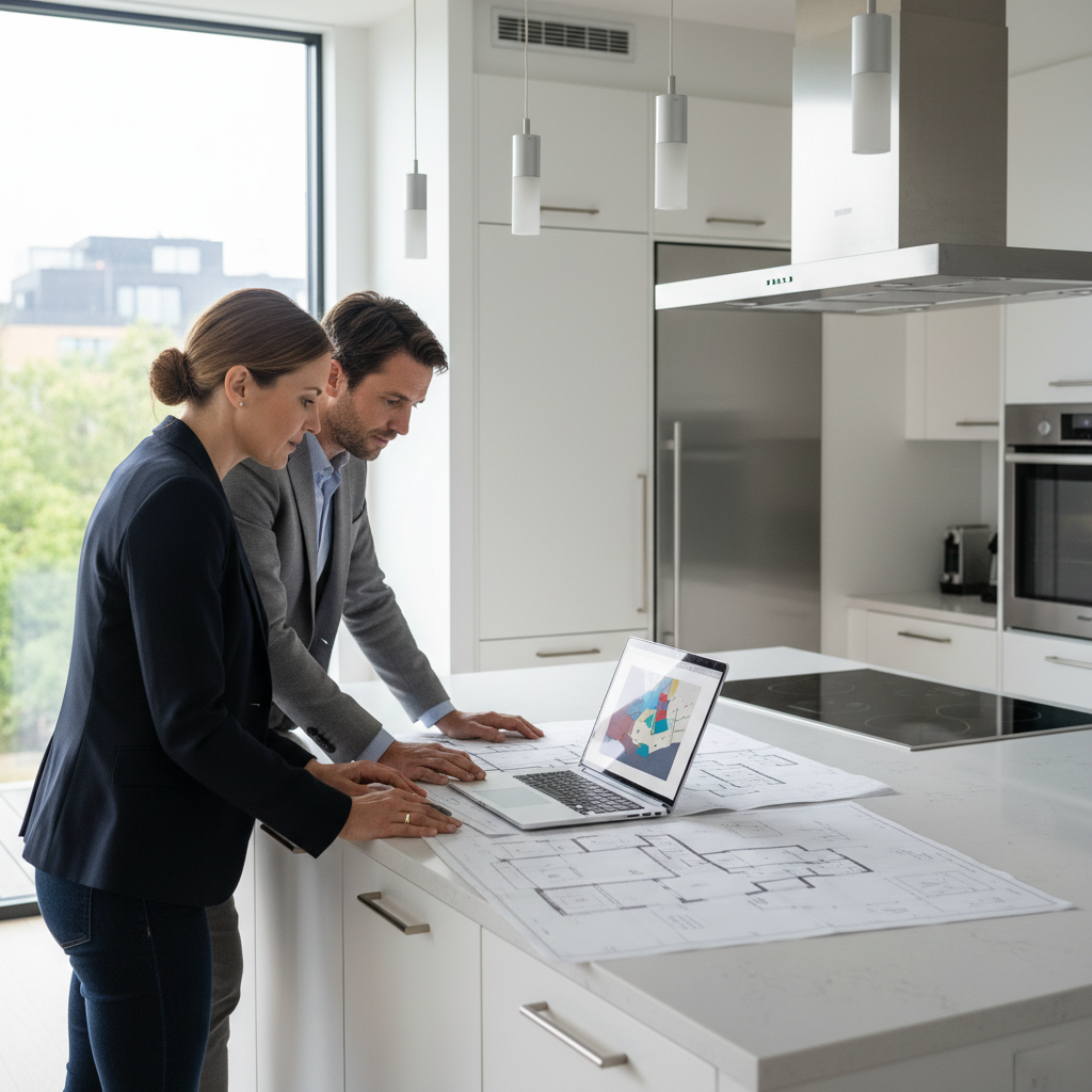 Brampton buyers and a REALTOR reviewing floor plans and timelines in a bright kitchen to plan negotiation tactics