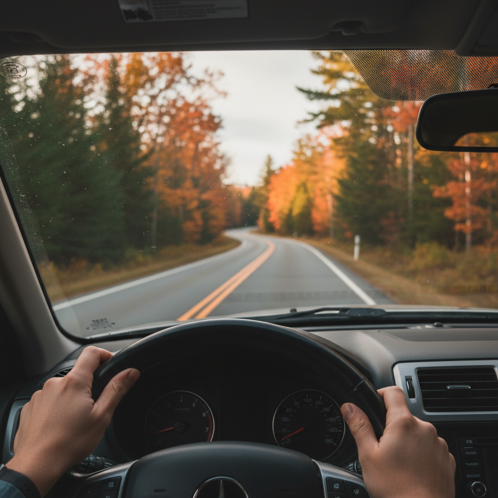 Driver approaching North Conway on a forested road, planning the best North Conway directions with a clear route